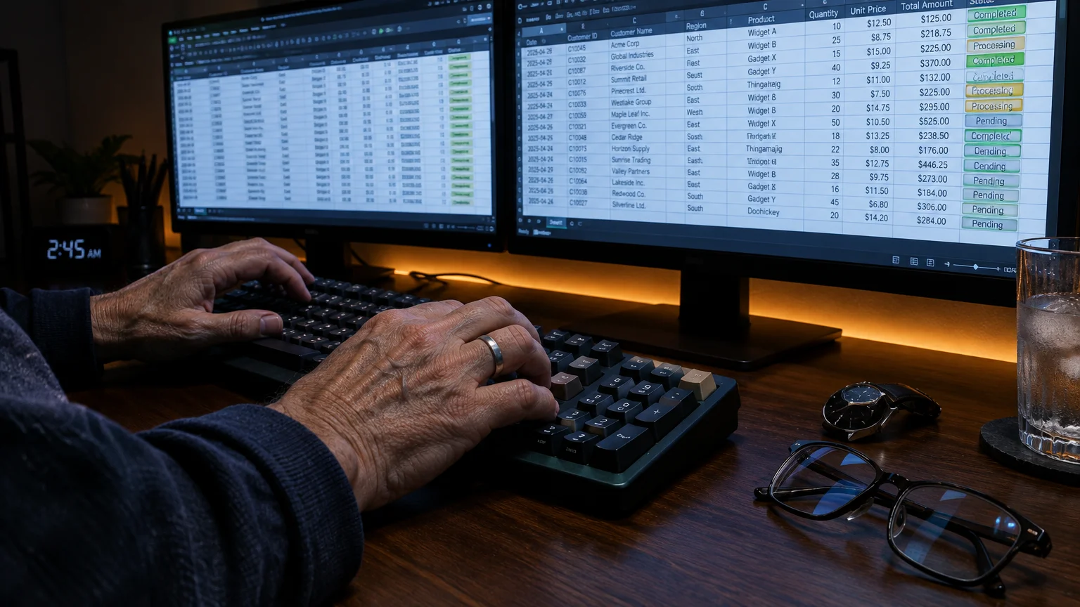 Close-up of hands typing on a keyboard at night, with two monitors displaying spreadsheets in a dimly lit room.