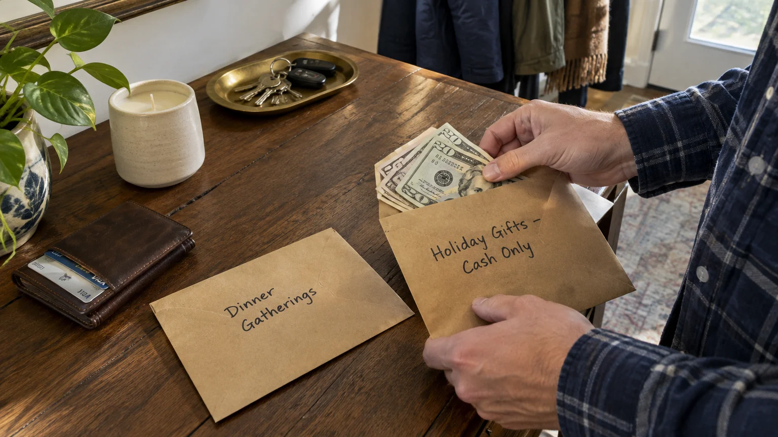 A man putting US dollar bills into a brown envelope labeled Holiday Gifts Cash Only on a wooden table.