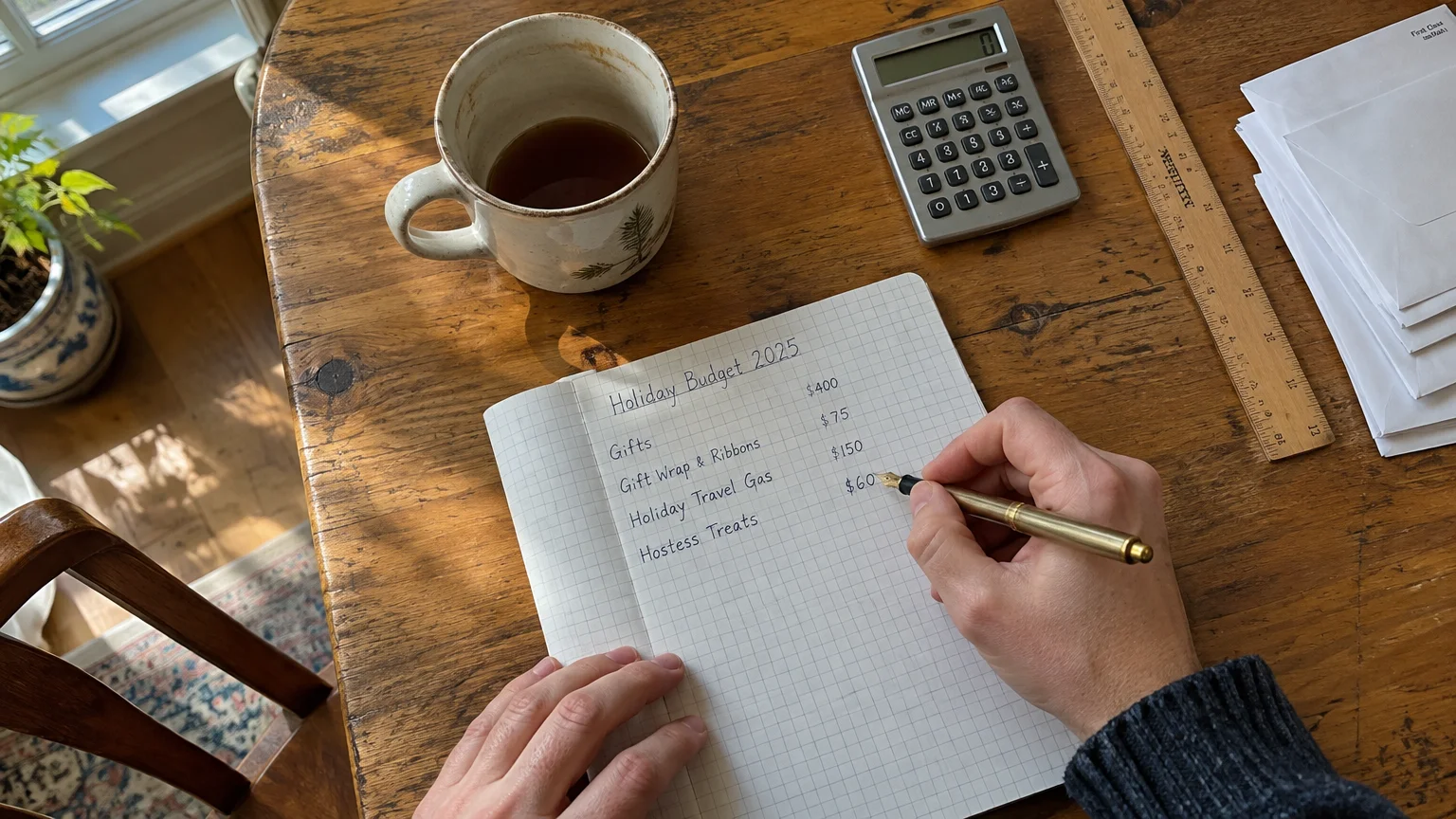 Hand writing a line-item holiday budget in a notebook beside a calculator, coffee mug, and ruler on a wooden desk.