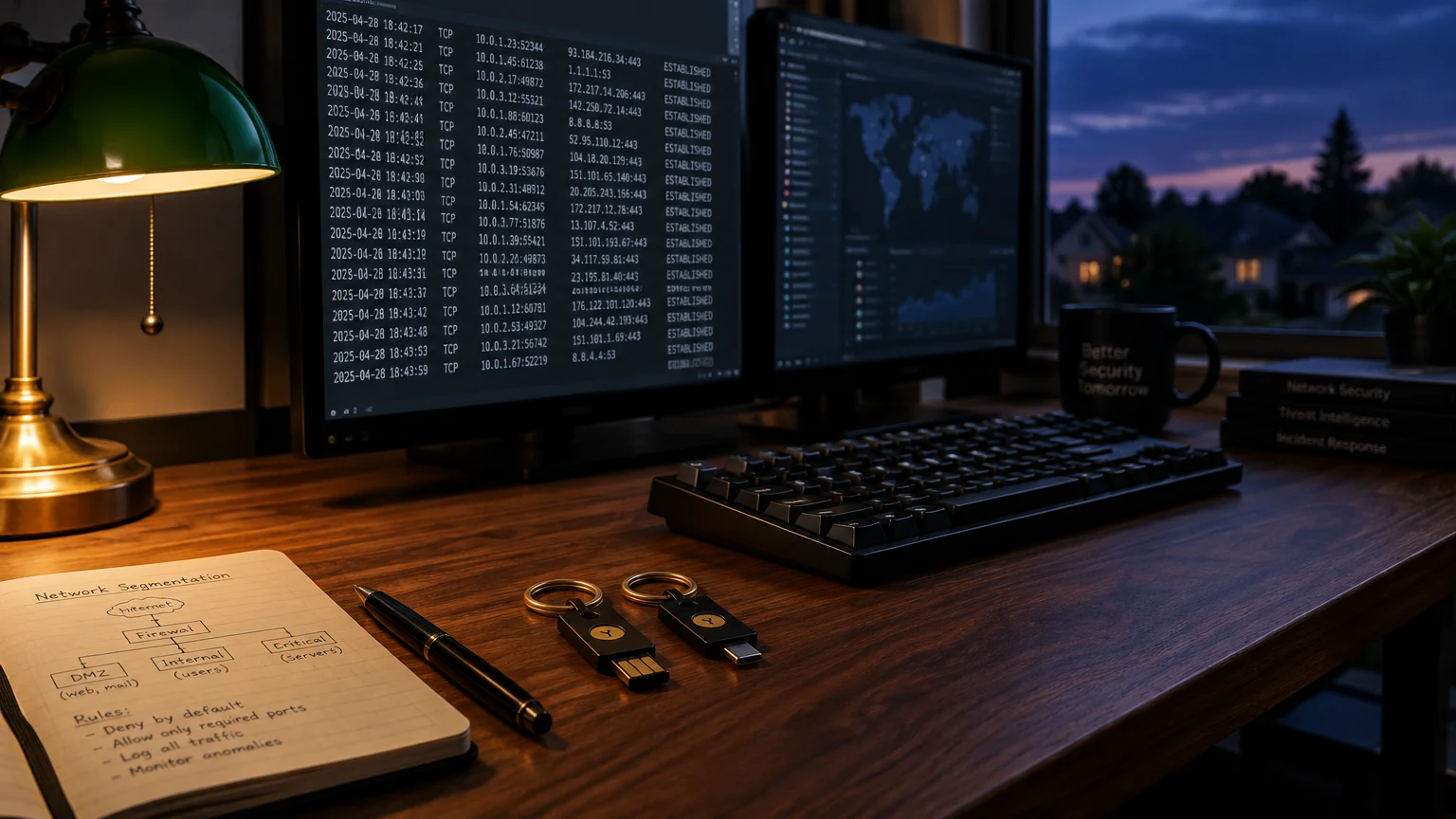 Dual monitors showing terminal code beside a keyboard, security keys, notebook, and green desk lamp on a wooden desk.