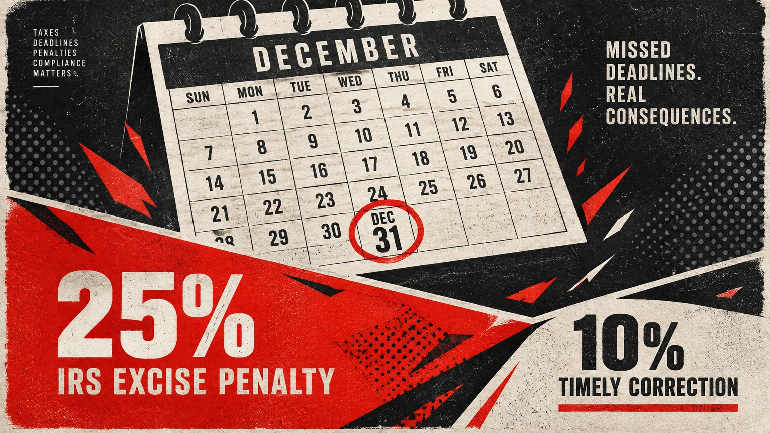 Retro illustration of a December calendar with the 31st circled, showing 25% IRS excise penalty and 10% timely correction.