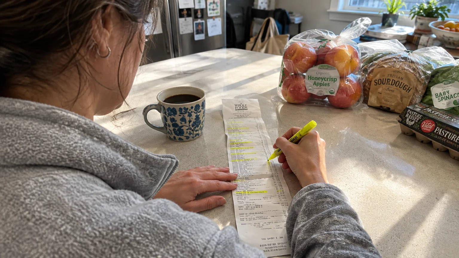 Woman sitting at a kitchen counter reviewing and highlighting a long grocery receipt next to coffee and groceries.