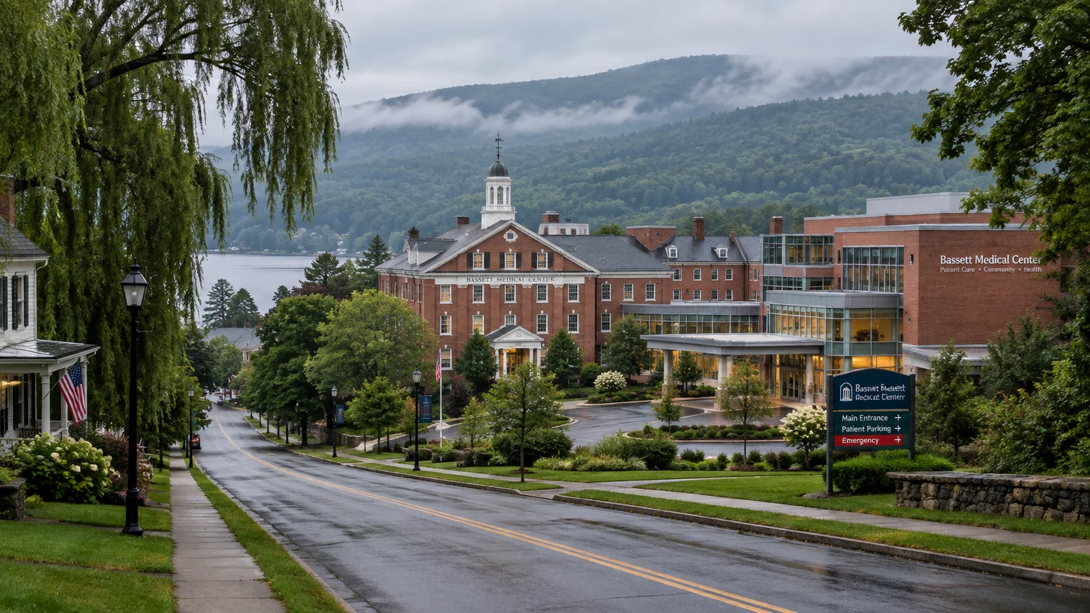 Brick hospital complex at the base of a sloping town street beside a lake and forested, mist-covered hills.