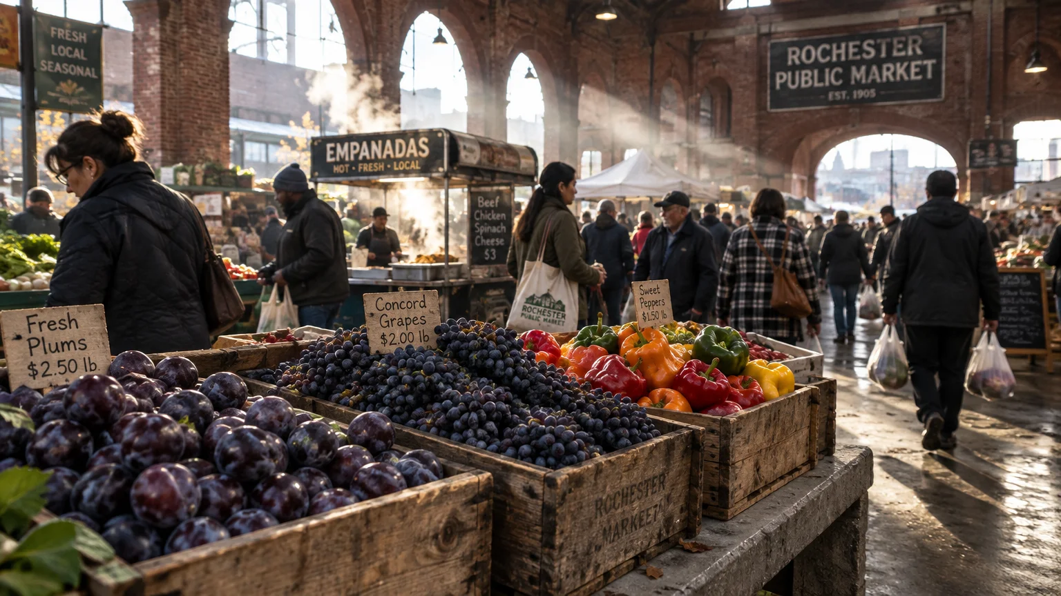 Wooden crates of plums, grapes, and peppers for sale inside a bustling brick market hall filled with sunlight.