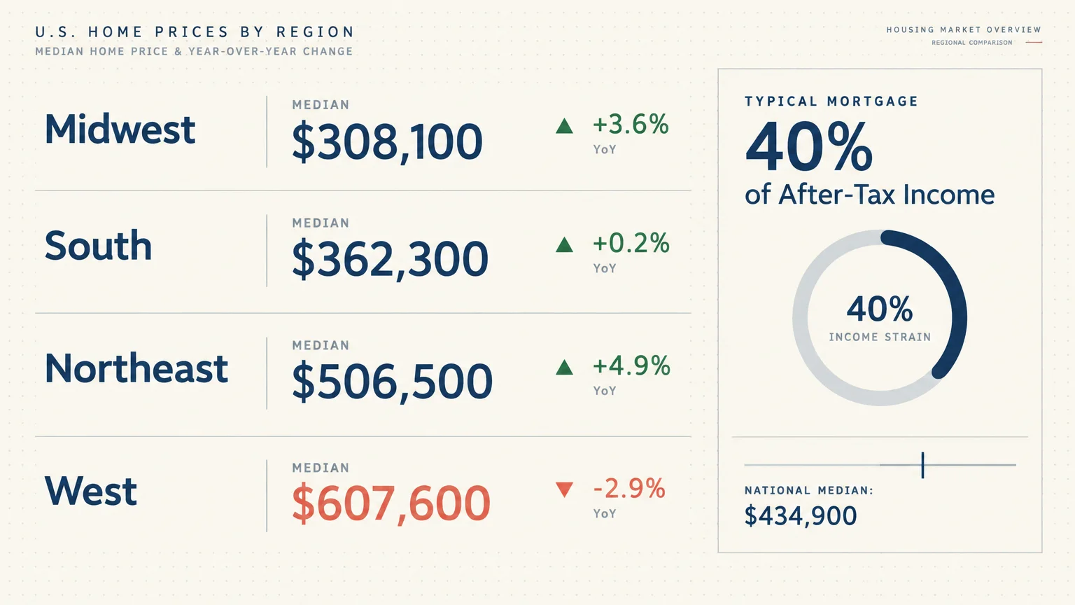 Graphic showing U.S. home prices by region, national median of $434,900, and a typical mortgage taking 40% of after-tax income.
