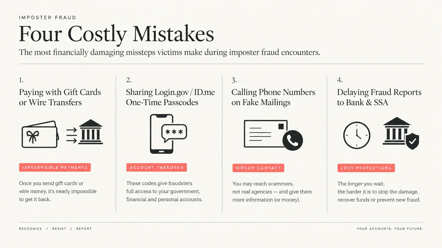 Infographic listing four costly mistakes during imposter fraud encounters across numbered columns with icons.