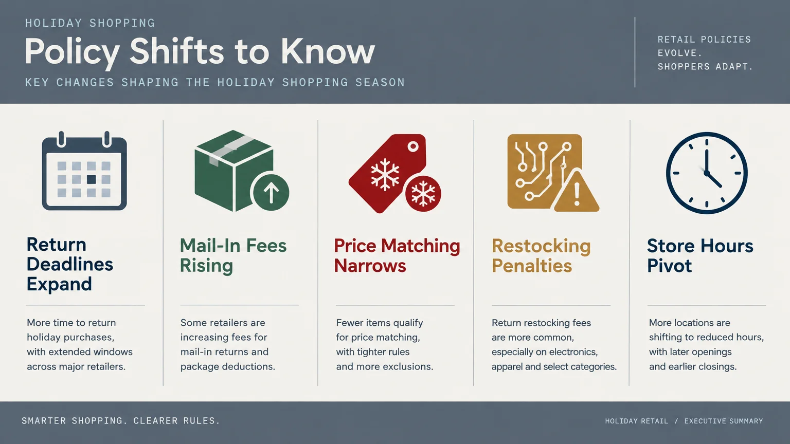 Infographic titled Policy Shifts to Know detailing five holiday retail policy changes with icons and descriptions.