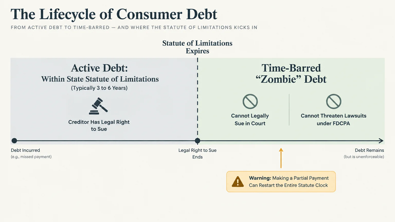 Diagram showing consumer debt lifecycle, dividing active debt within statutes of limitations from time-barred zombie debt.