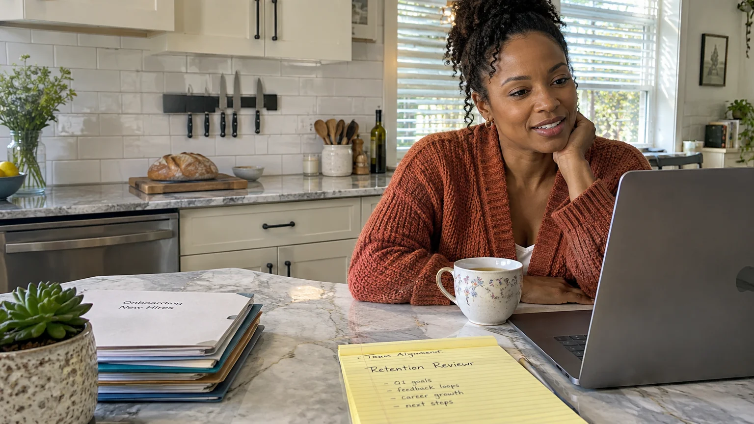A woman sits at a marble kitchen island working on a laptop near onboarding folders and notes.