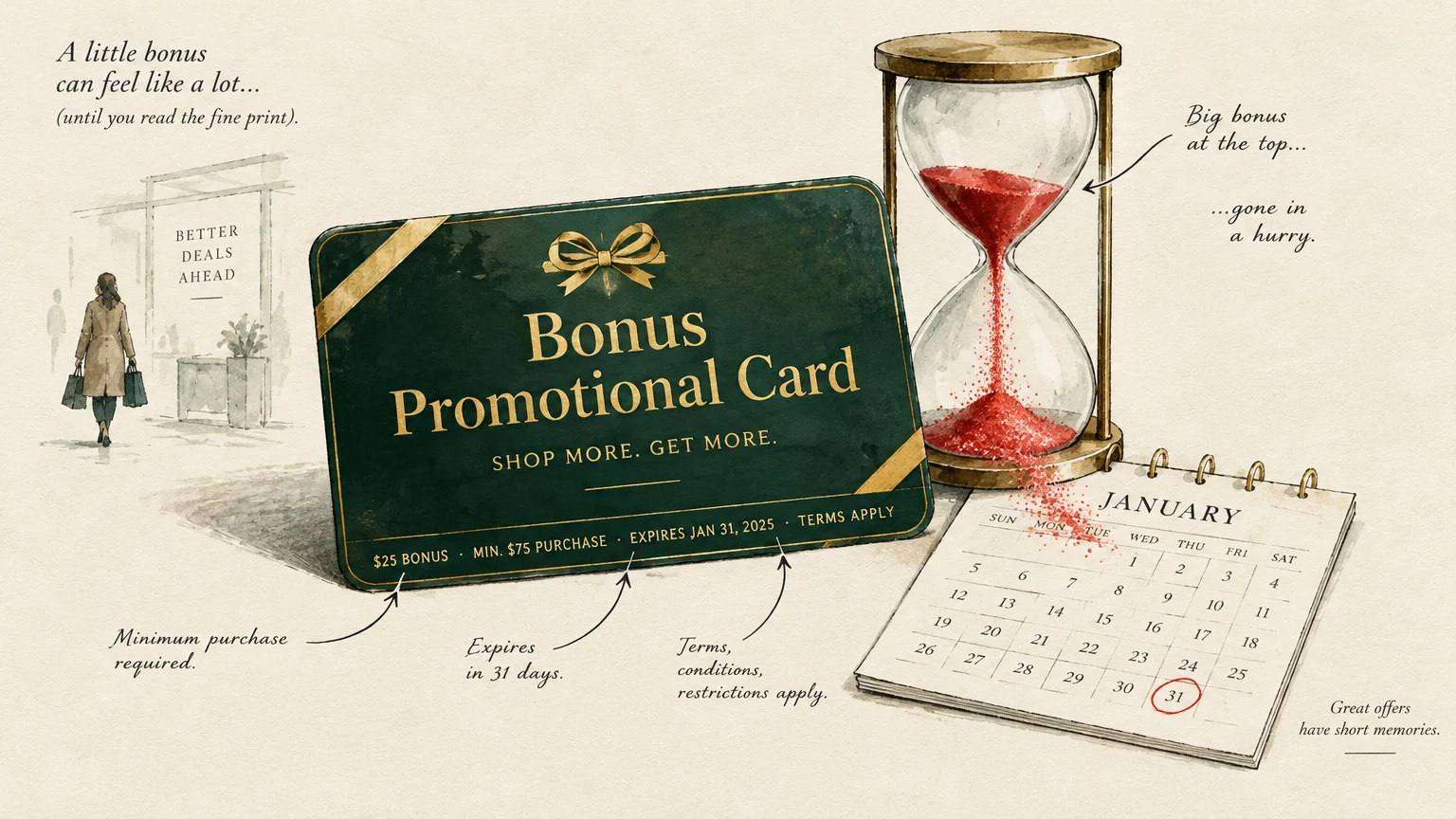 Illustration of a green bonus promotional card beside an hourglass spilling red sand onto a January calendar.