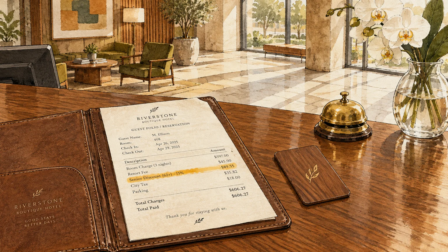 Illustration of a hotel front desk with a folio showing a 15% senior discount beside a call bell and orchid vase.