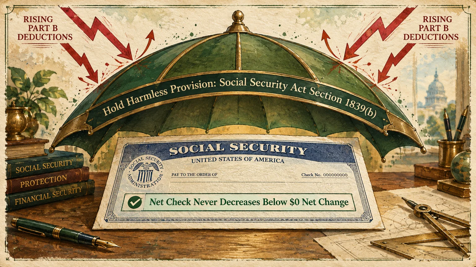 Green umbrella shielding a Social Security check on a desk from red lightning arrows labeled rising Part B deductions.