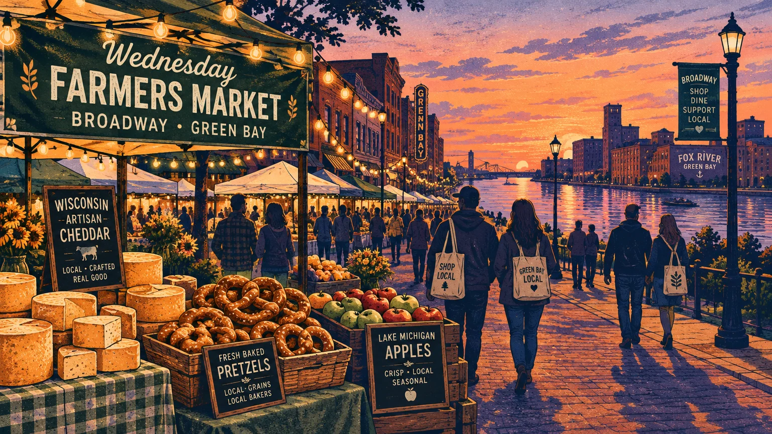 Illustration of an evening waterfront farmers market with produce stalls, cheese, pretzels, and pedestrians at sunset.