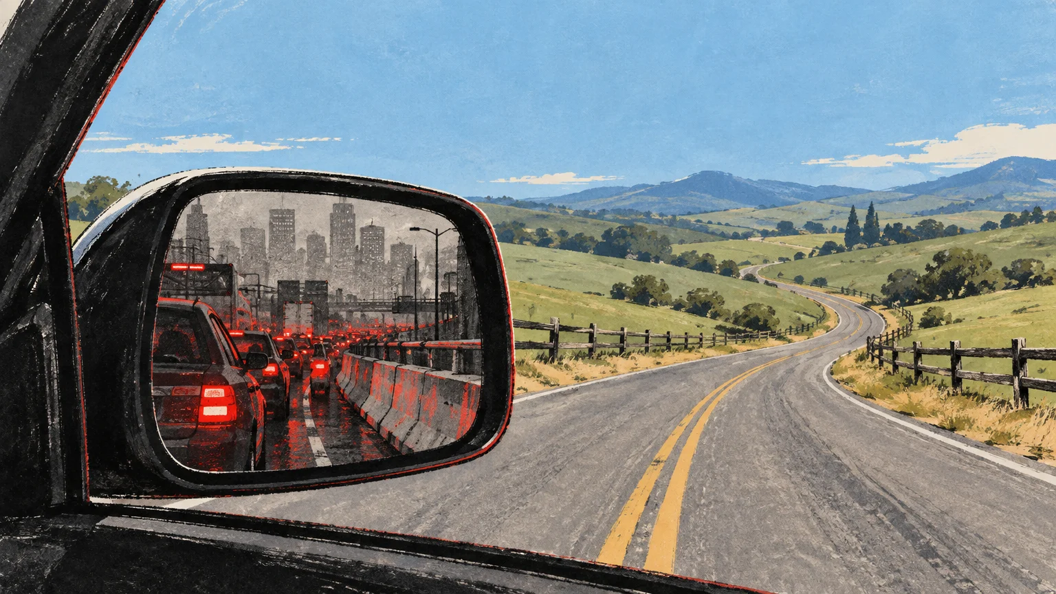 Illustration of an open rural highway viewed from a car, with congested city traffic reflected in the side mirror.