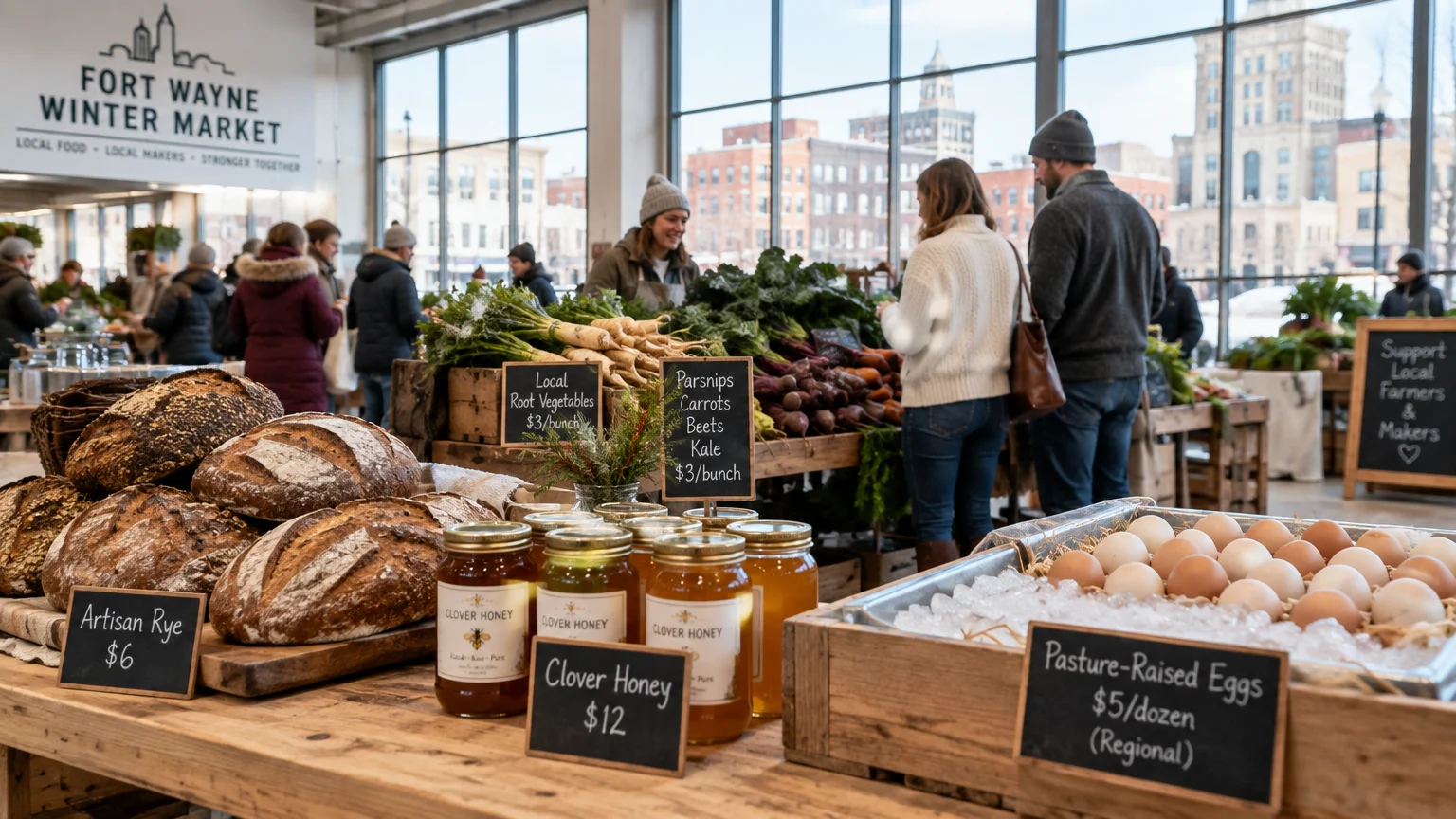 Indoor farmers market stall displaying artisan bread, honey jars, fresh eggs, and root vegetables before large windows.