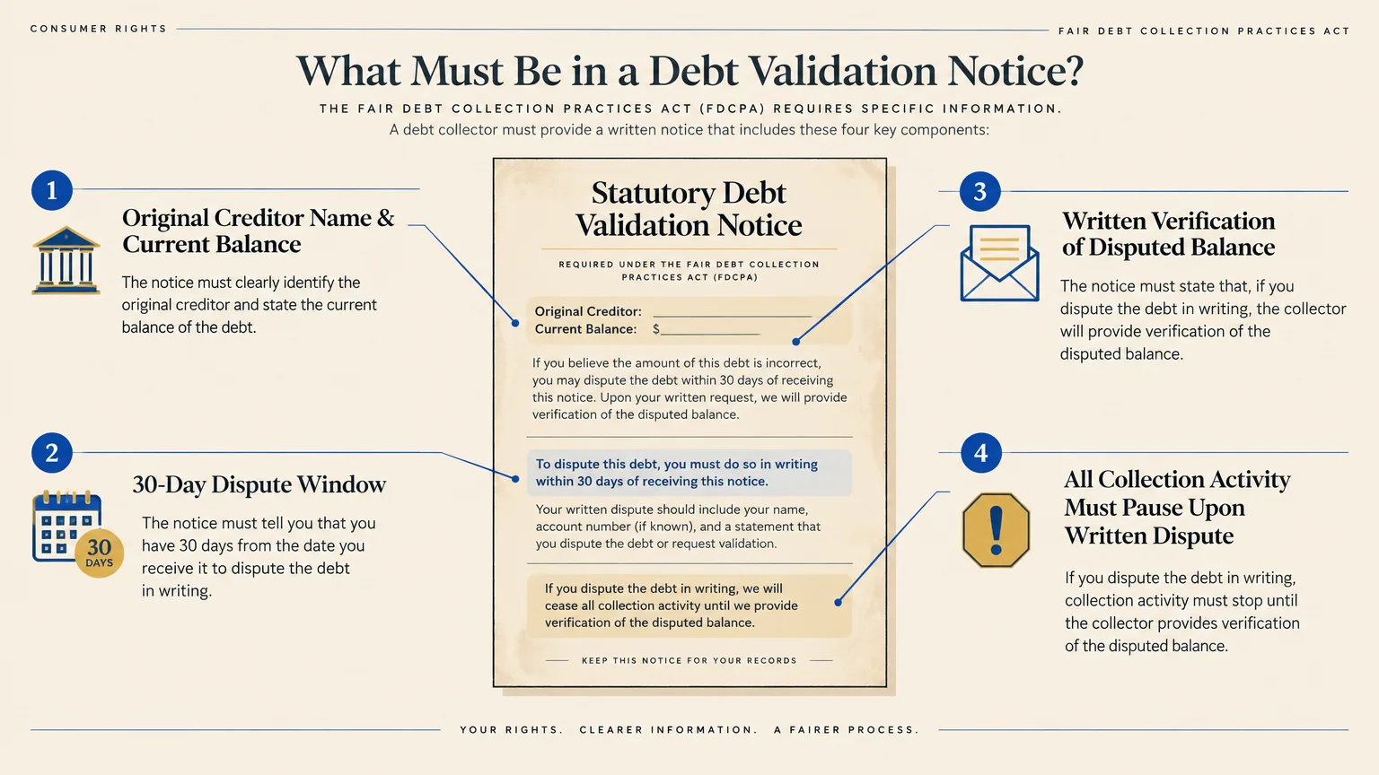 Diagram outlining four mandatory components of an FDCPA debt validation notice, including a 30-day dispute window.