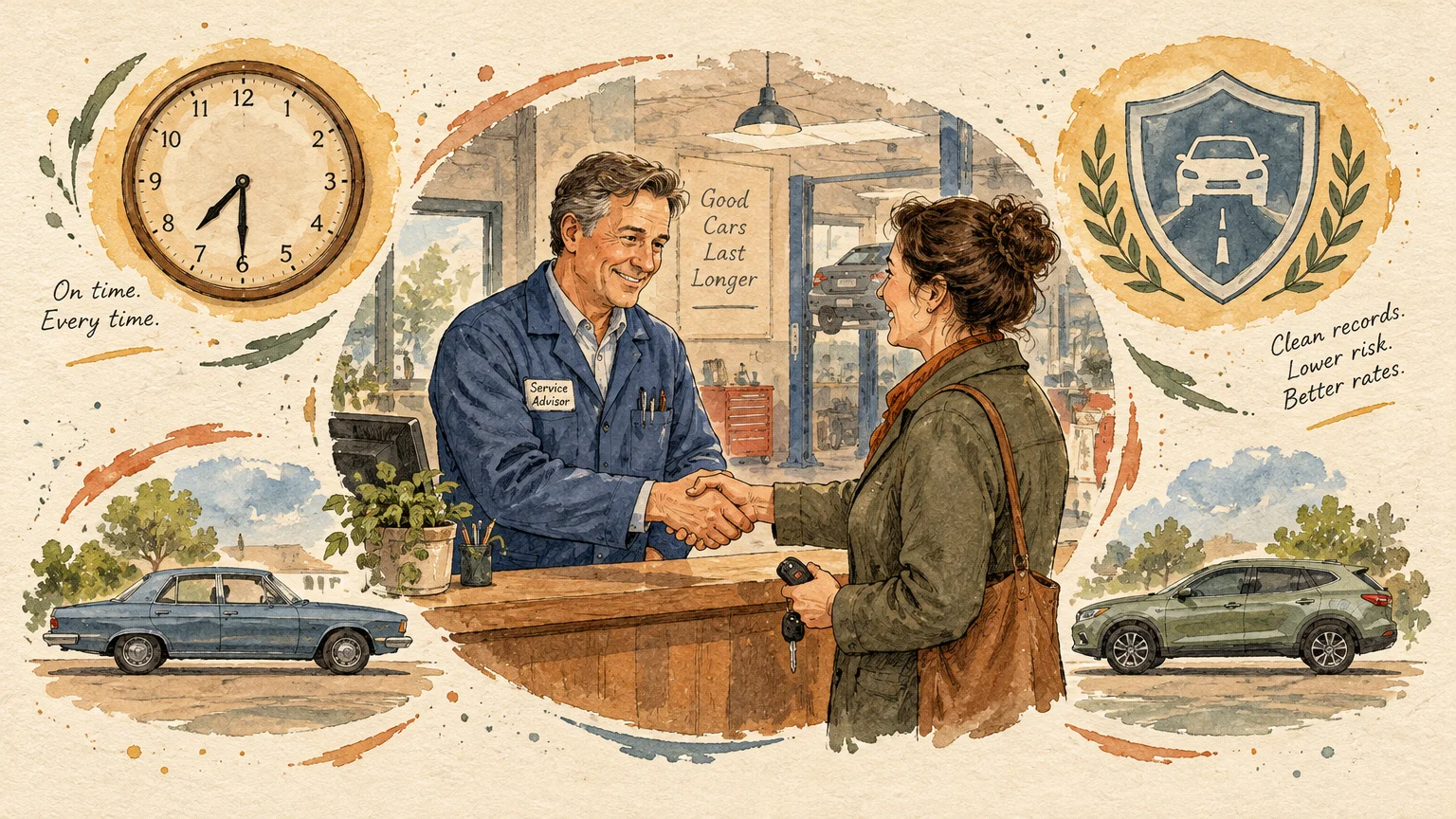 Watercolor illustration of a smiling mature service advisor shaking hands with a customer at a repair shop counter.