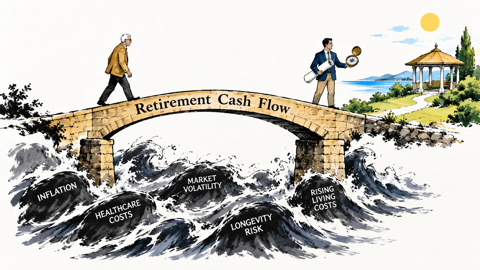 Illustration of a man walking across a stone bridge labeled Retirement Cash Flow over stormy waters toward an advisor.