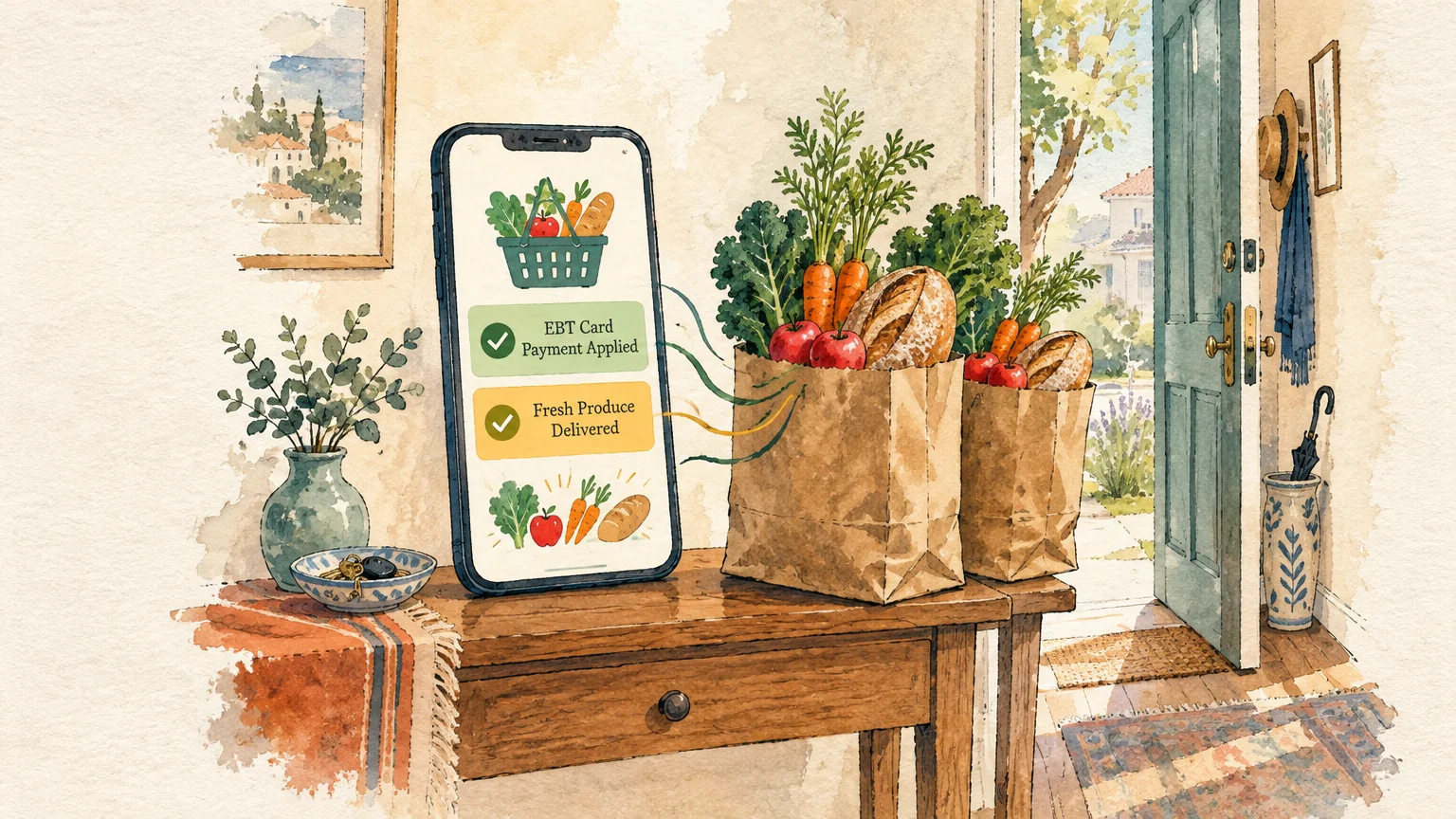 Watercolor illustration of a smartphone showing EBT payment next to paper grocery bags filled with fresh produce.