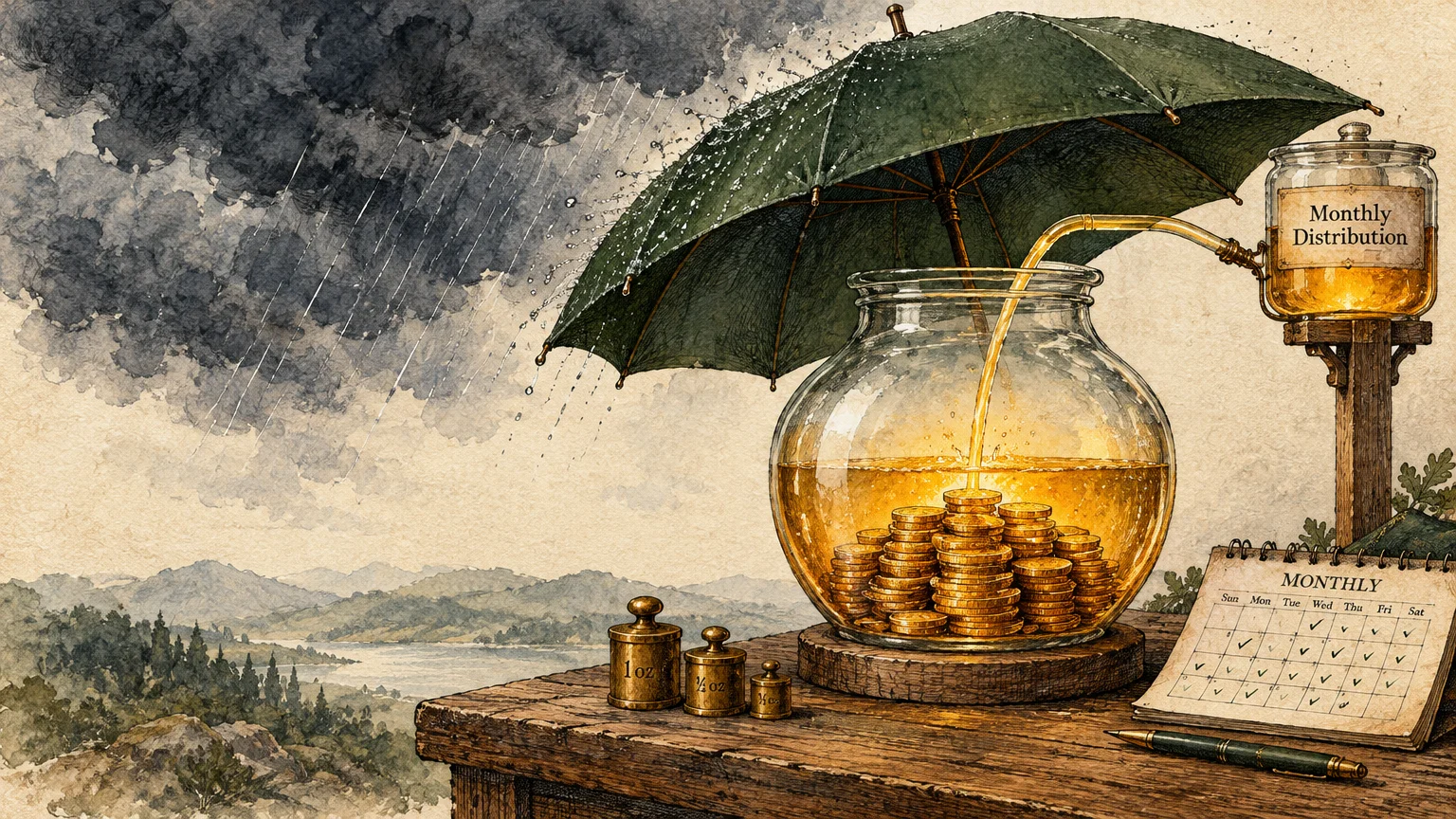 Illustration of golden liquid pouring into a glass jar of coins under an umbrella during a rainstorm beside a calendar.