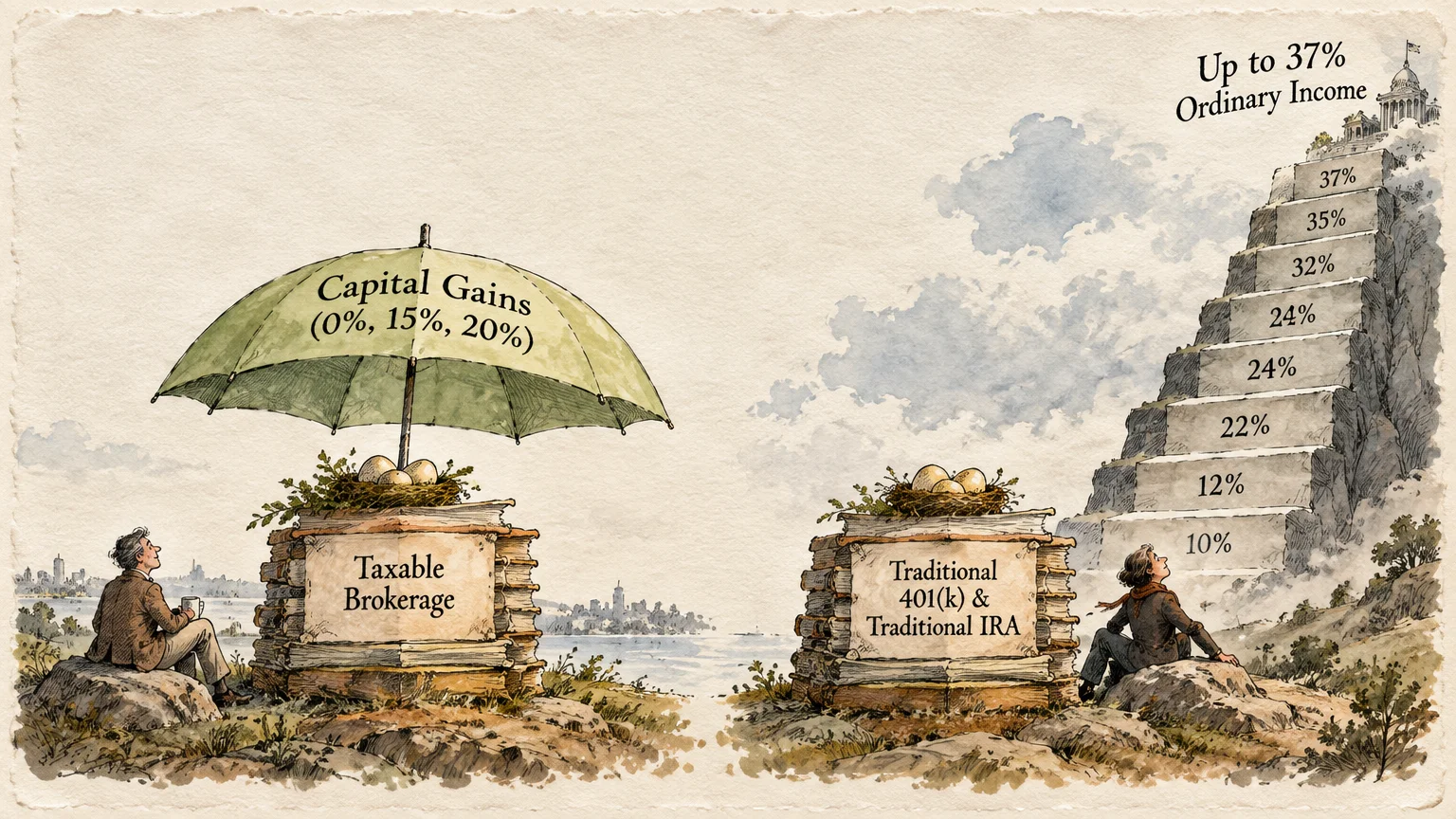 Illustration comparing a sheltered taxable brokerage account with traditional retirement accounts facing steep tax steps.