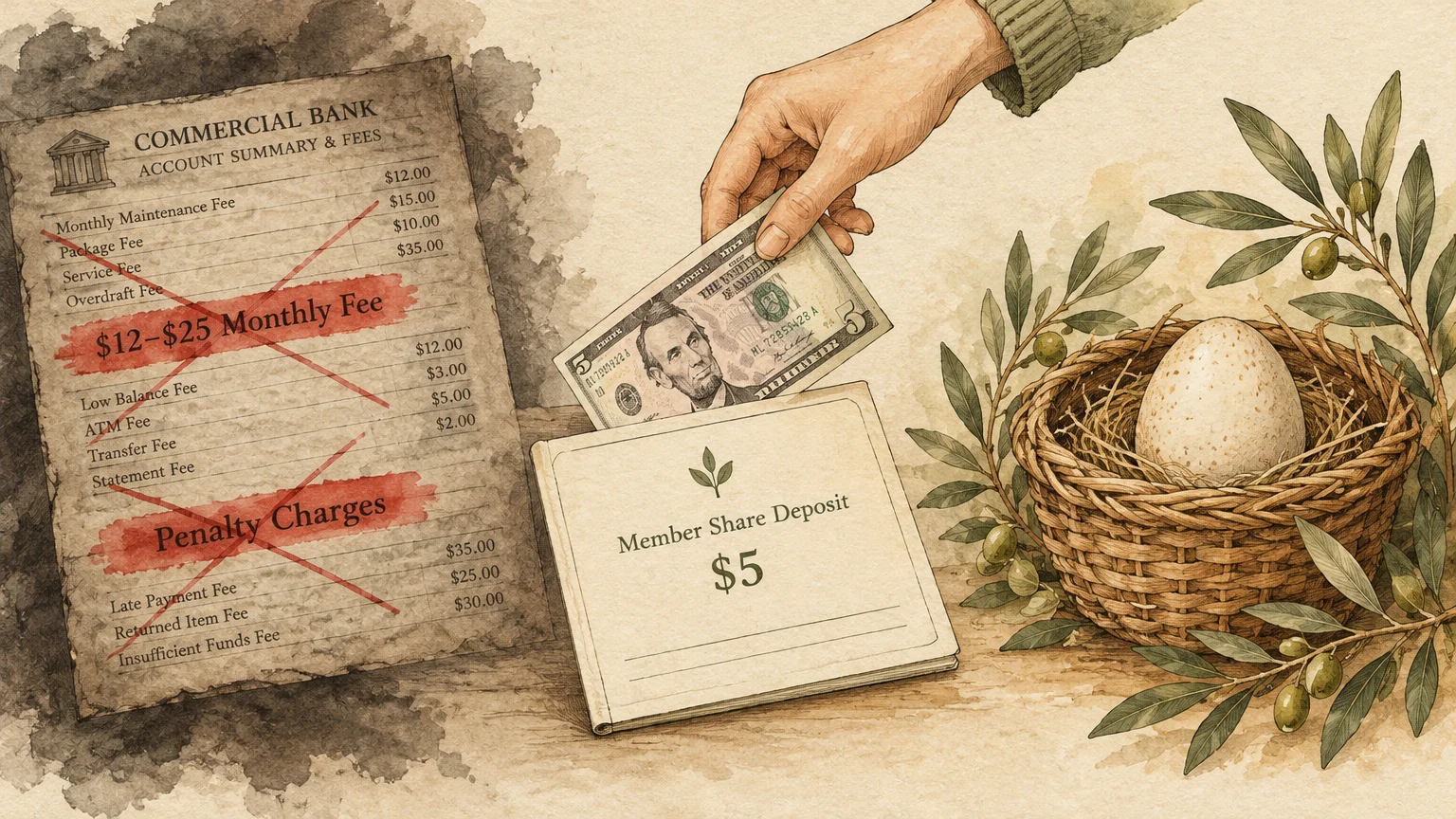 Illustration of a hand placing five dollars into a member share deposit book beside a crossed-out bank fee list.