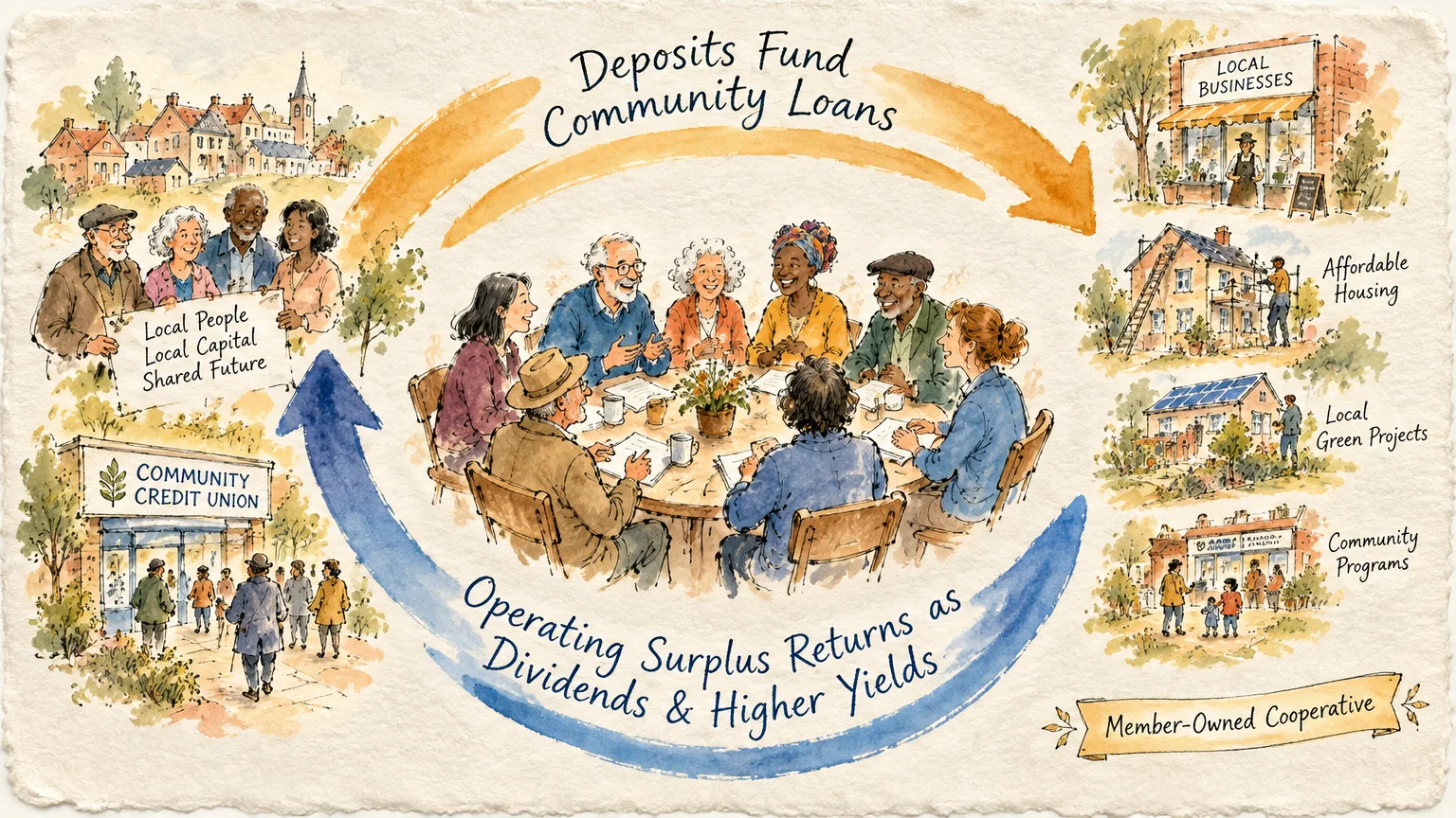 Diagram showing people around a table with circular arrows connecting community credit union deposits to local projects.