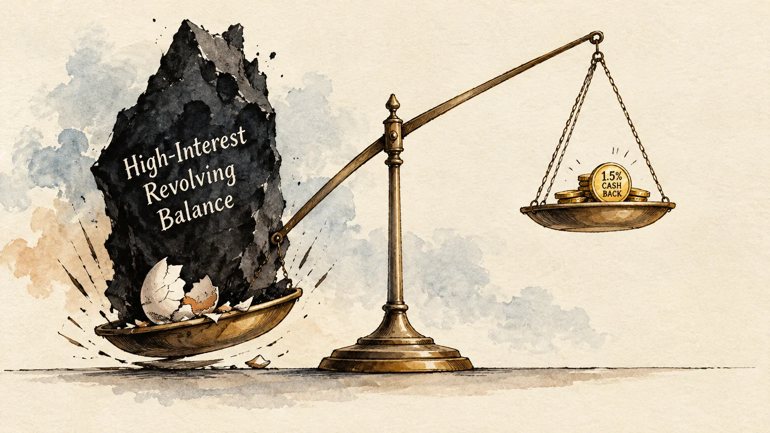 Balance scale with a heavy boulder labeled high-interest revolving balance outweighing a small pile of 1.5% cash back coins.