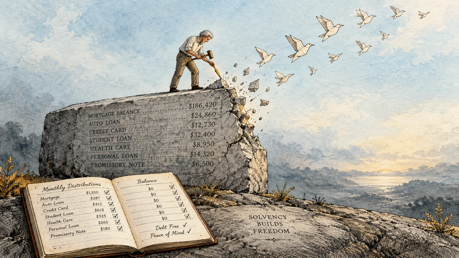 Illustration of an older man chiseling a stone carved with loan balances into flying paper birds, beside a ledger.