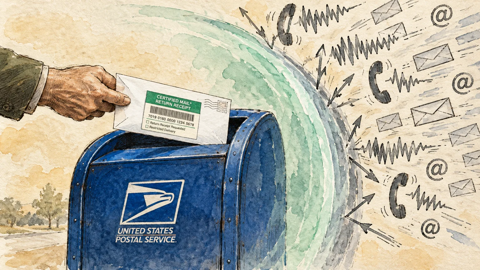 Hand dropping a certified mail envelope into a blue USPS mailbox, protected from incoming phone and email icons.