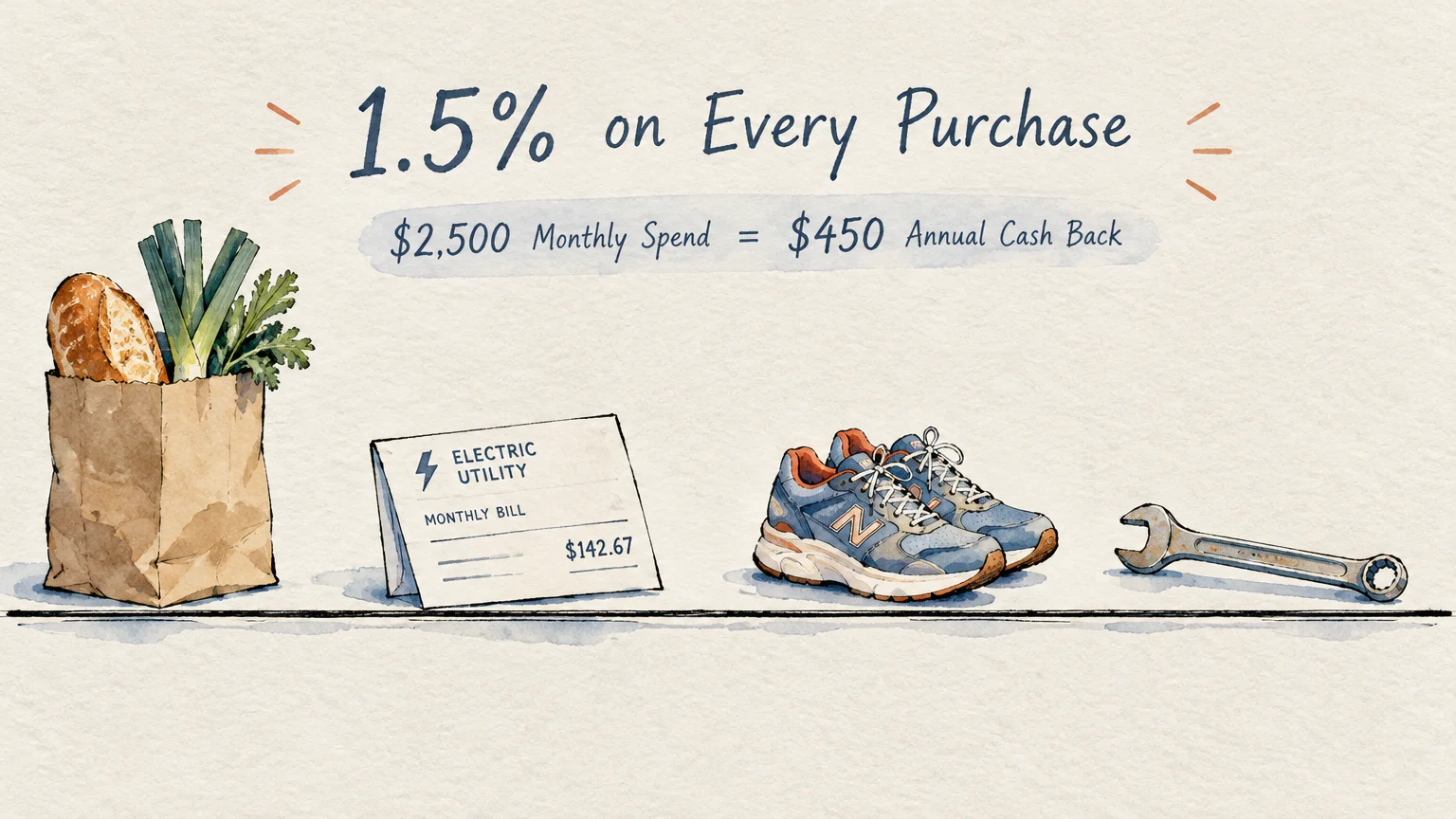 Watercolor illustration of a grocery bag, electric bill, sneakers, and a wrench under text about 1.5% cash back earnings.