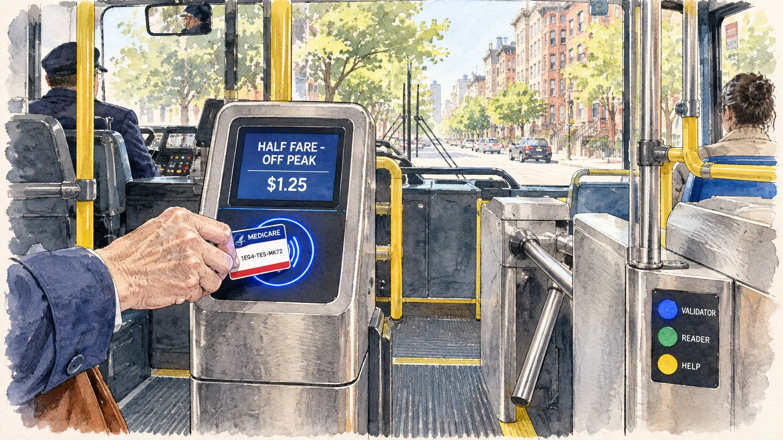 Watercolor illustration of a hand tapping a Medicare card onto a bus fare validator displaying a half-fare rate.