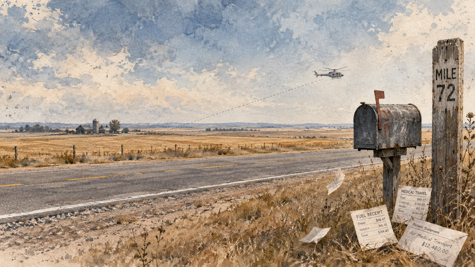 Watercolor of a rural roadside mailbox with medical bills in the grass as a rescue helicopter flies over distant fields.