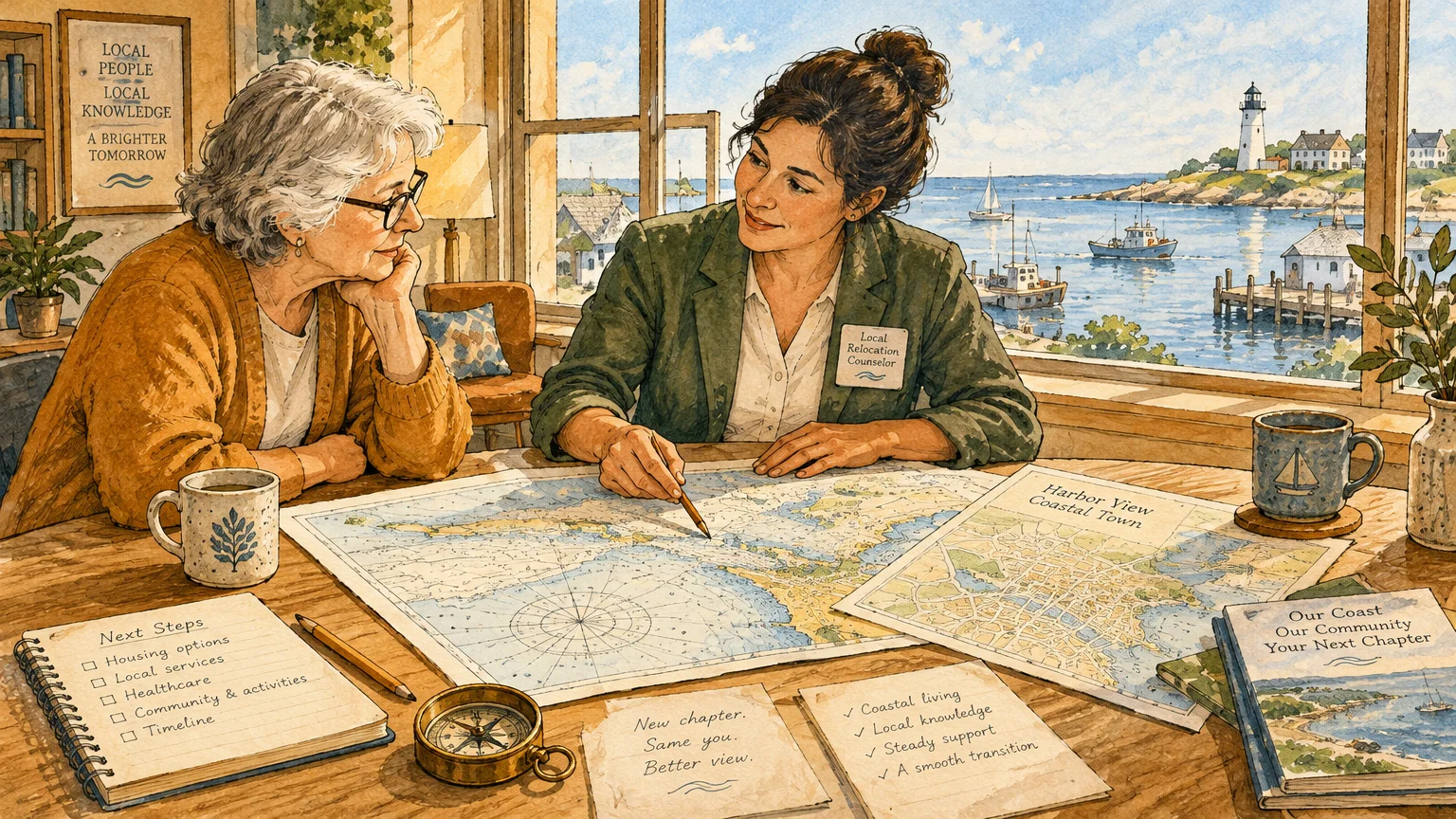 Watercolor illustration of a relocation counselor and a senior woman reviewing maps by a window overlooking a coastal harbor.