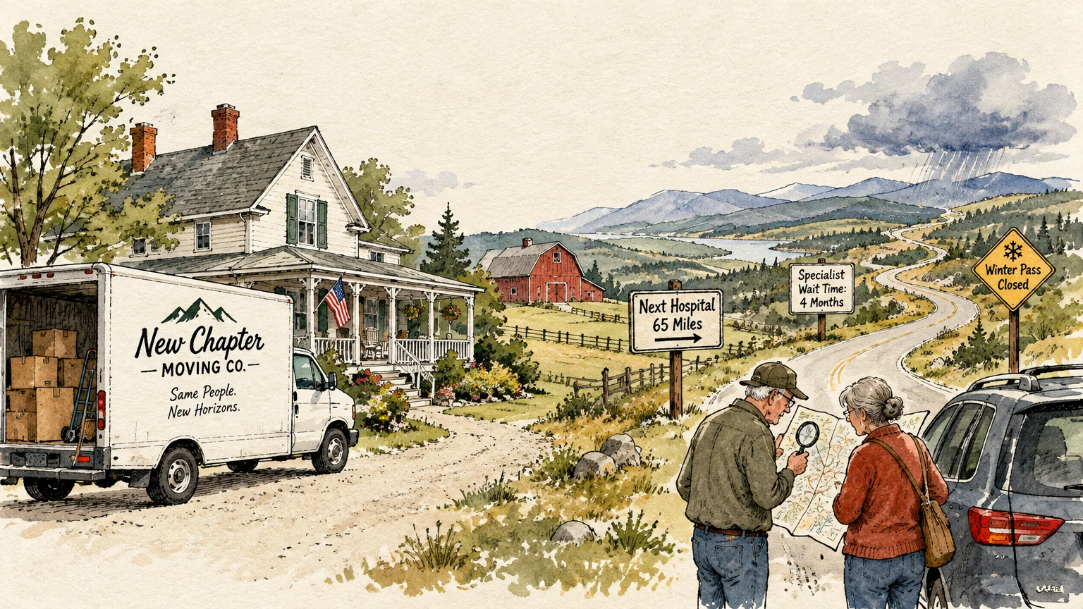 Couple studying a map near a moving truck parked outside a rural farmhouse by road signs indicating distant healthcare.