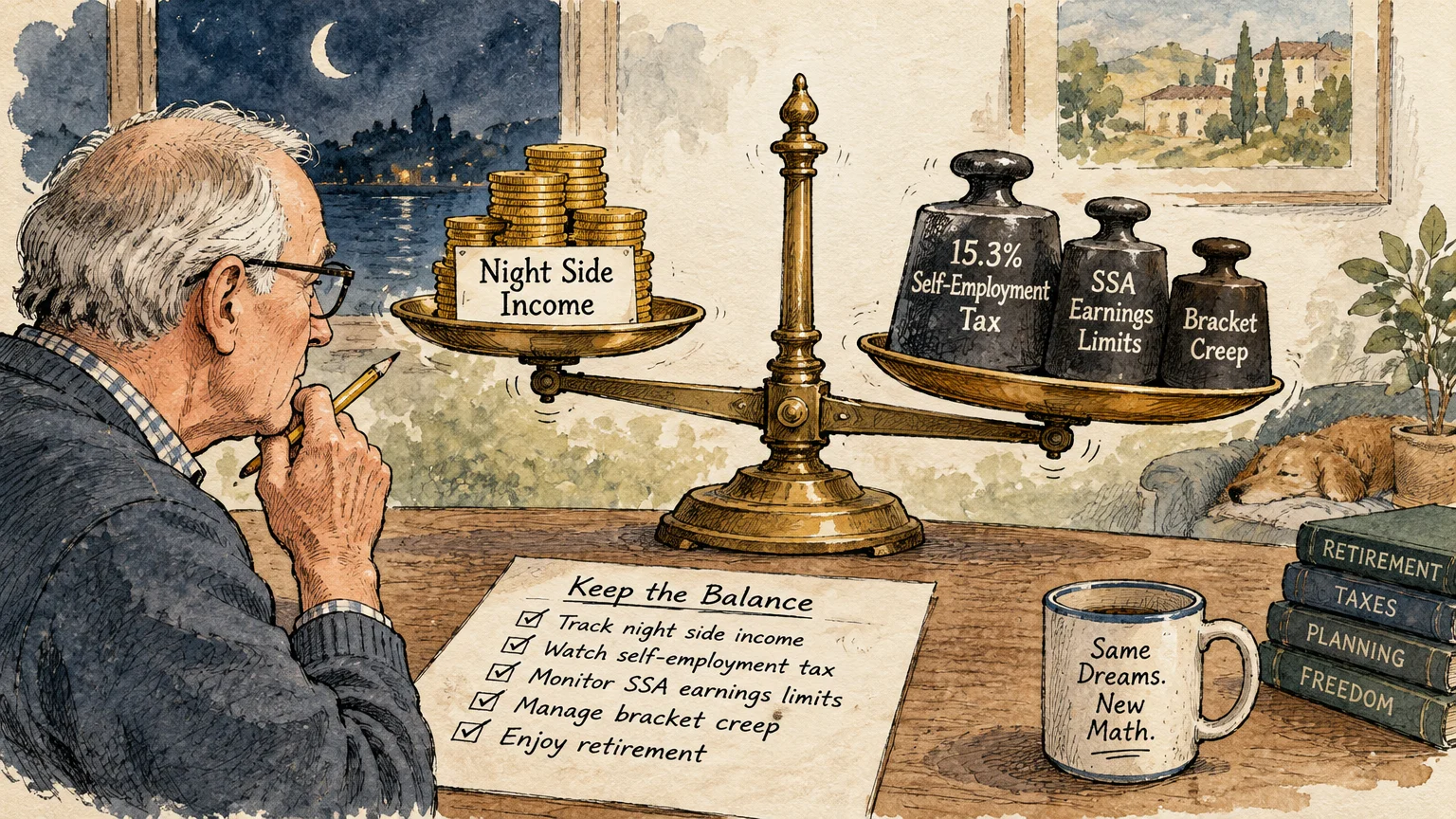 Illustration of an older man studying a scale weighing side income against weights for self-employment tax and SSA limits.