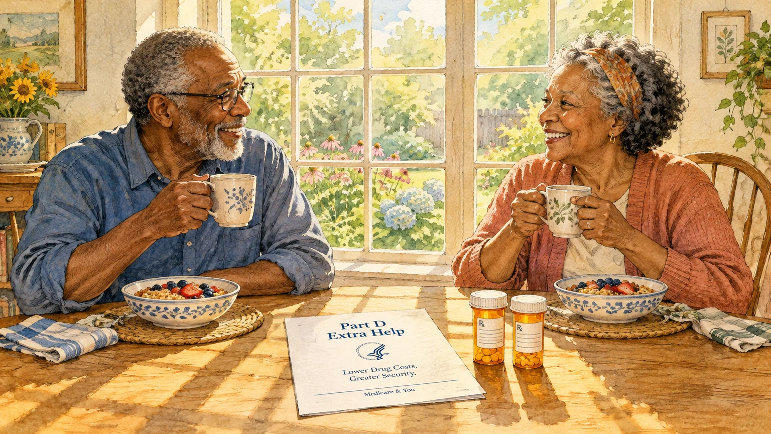 Older couple drinking tea at a sunny table with oatmeal, prescription pill bottles, and a Part D Extra Help document.