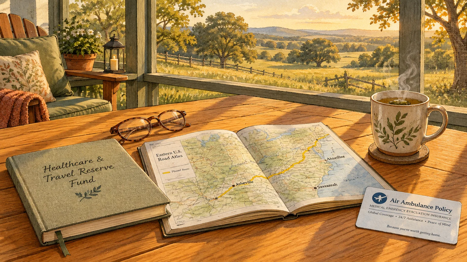 Road atlas, travel fund book, glasses, tea, and air ambulance policy card on a porch table overlooking countryside.