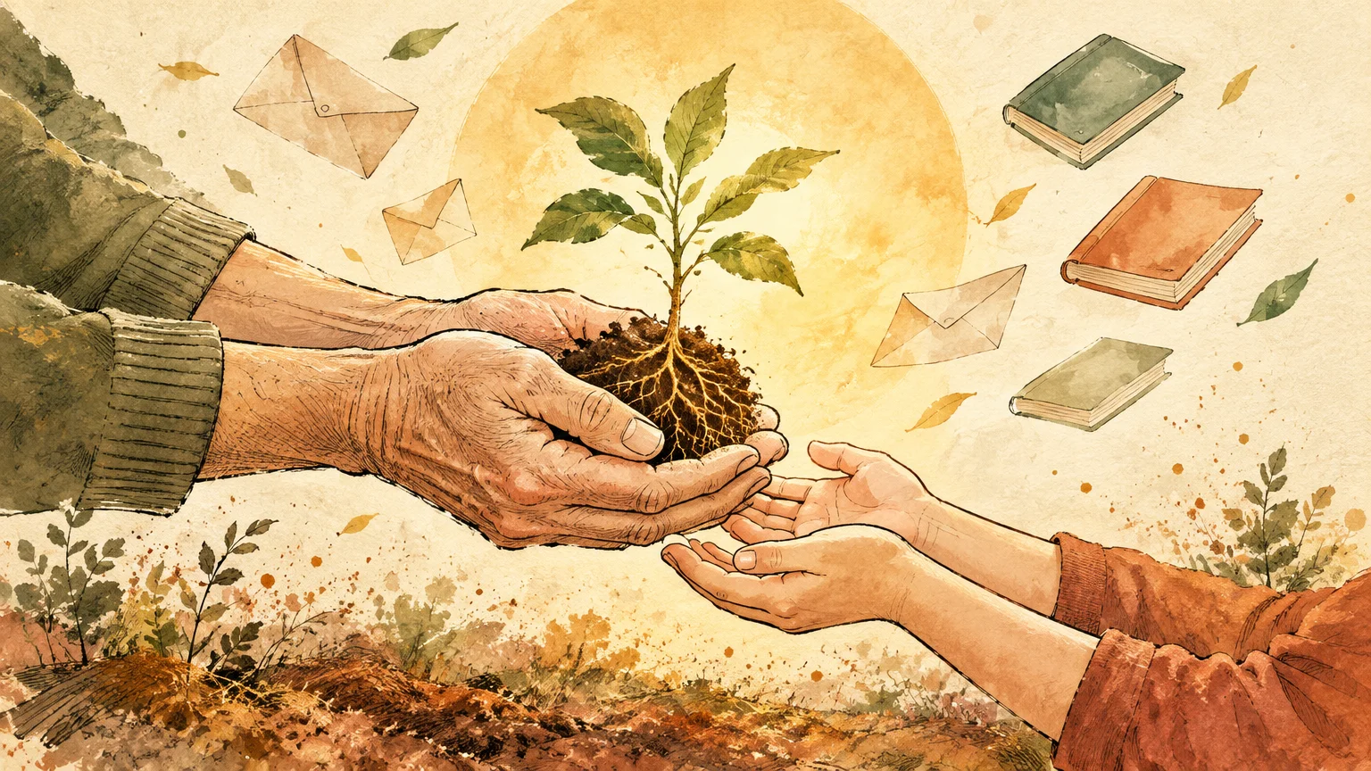 Illustration of older hands passing a small sprouting plant to a child's hands amid floating books and letters.
