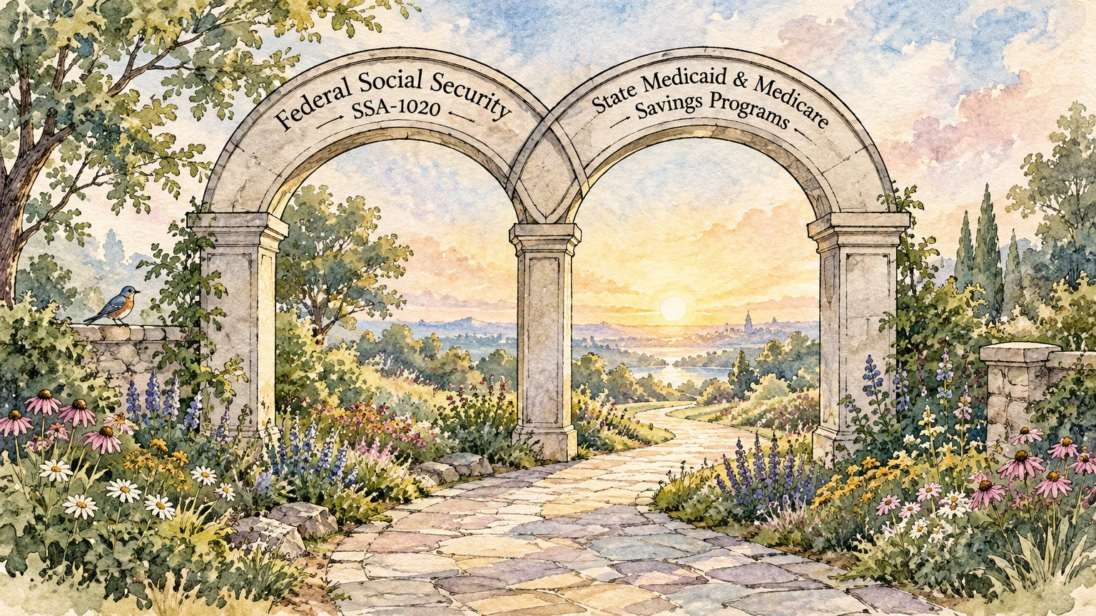 Watercolor illustration of twin stone arches framing a garden path at sunset, labeled with federal and state programs.