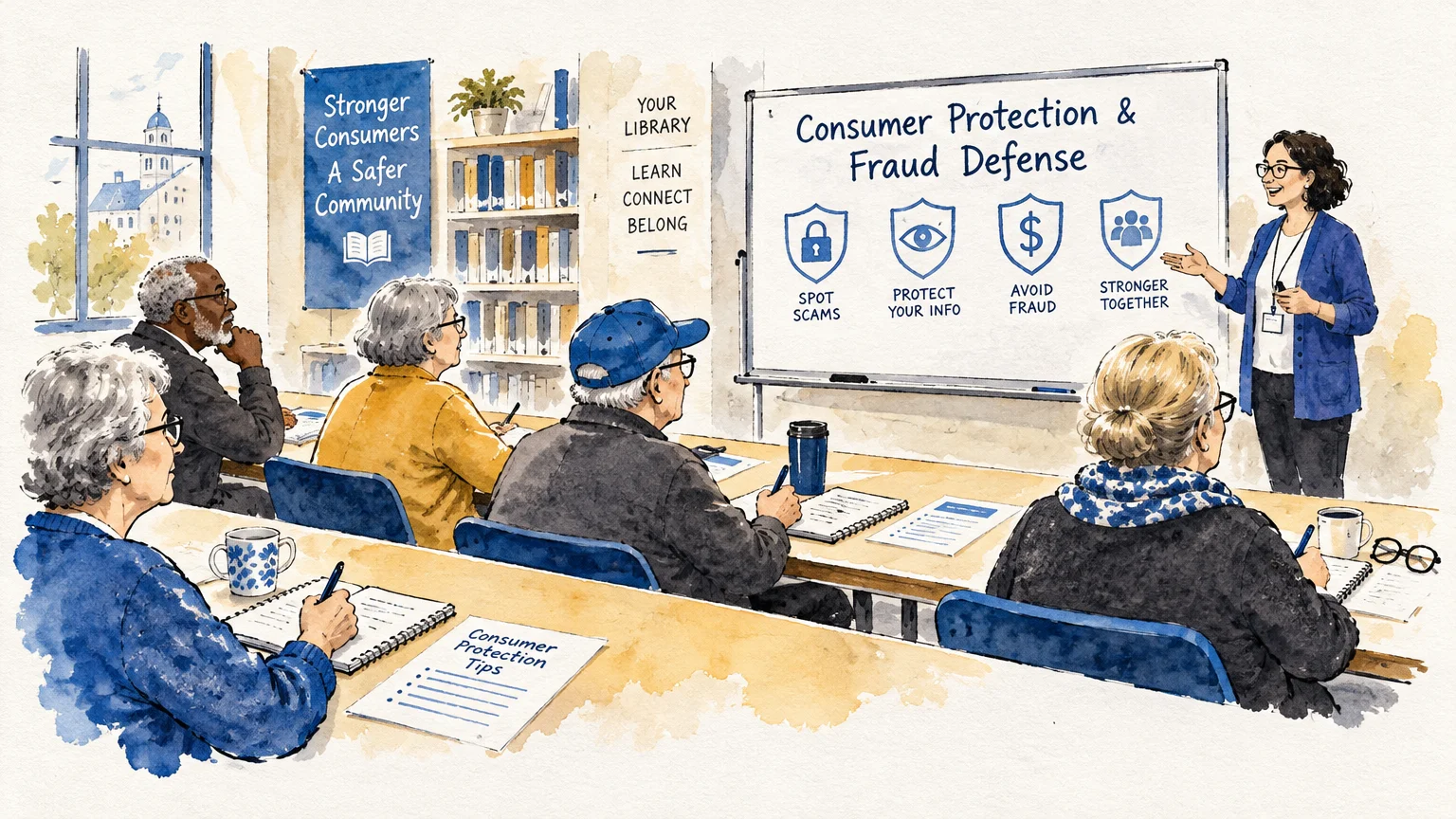 Seniors in a library classroom watching an instructor present a consumer protection and fraud defense workshop on a whiteboard.