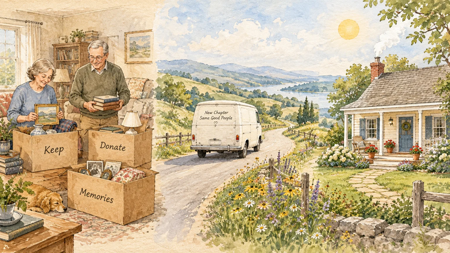 Watercolor of an older couple packing boxes, a van driving on a country road, and a small cottage home.