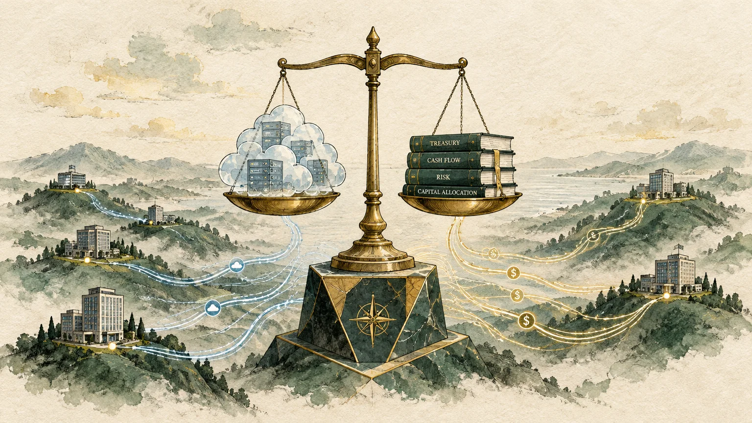 Illustration of a balance scale holding cloud servers and financial books over a landscape connecting corporate buildings.