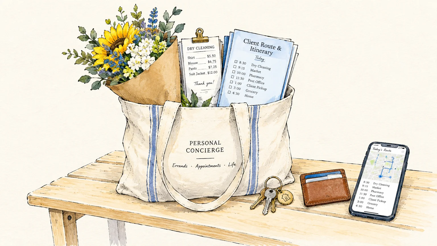 Ink and watercolor illustration of a canvas tote filled with flowers, itineraries, keys, wallet, and smartphone on a bench.