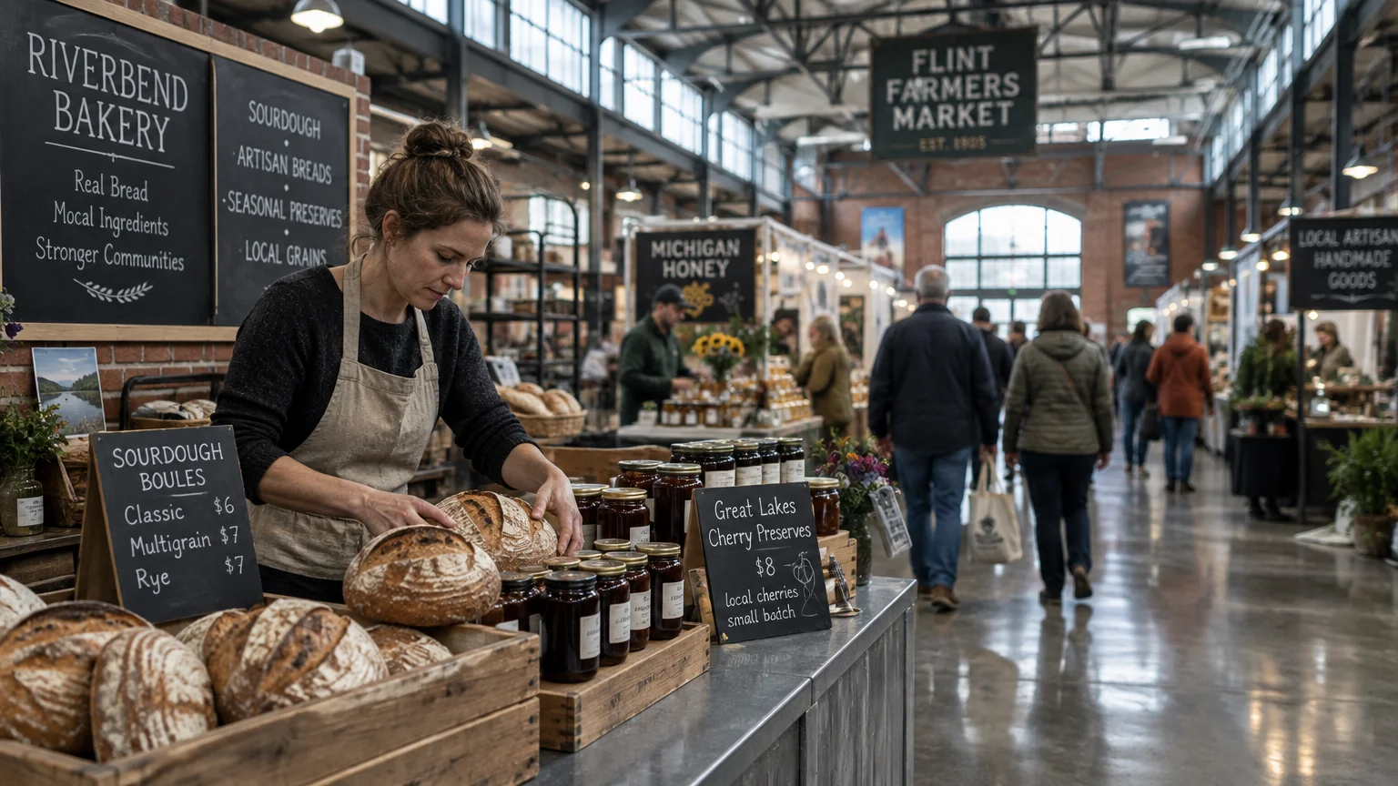 A woman arranges artisan sourdough bread at an indoor farmers market stall with shoppers walking in the background.