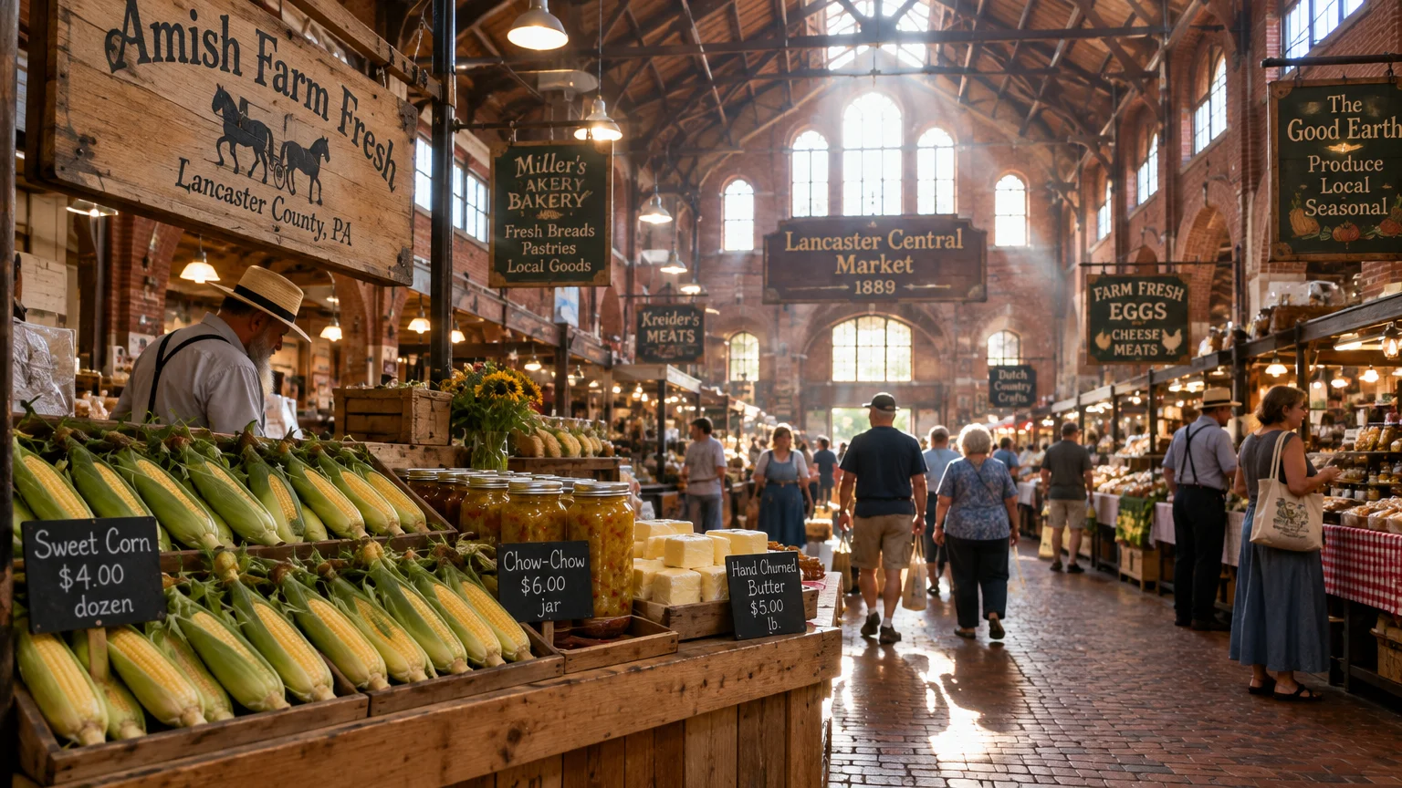 Busy indoor farmers market hall with brick floors, wooden produce stalls selling corn, and hanging vendor signs.