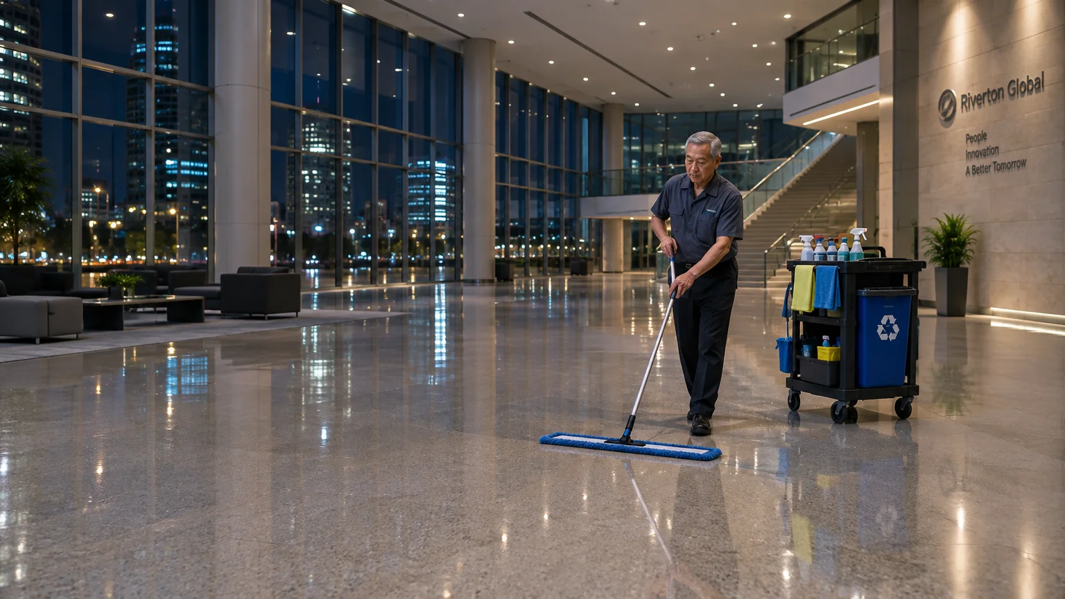 A man mopping the floor of an empty, modern office lobby at night next to a cleaning cart with supplies.