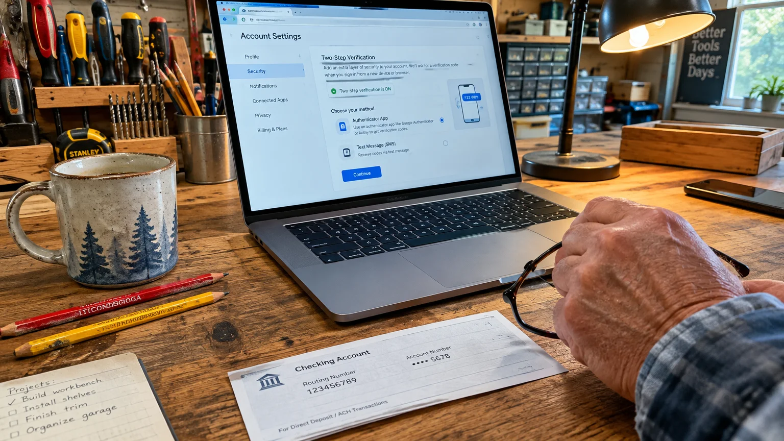 Laptop showing two-step verification settings on a wooden desk next to a direct deposit slip and eyeglasses.