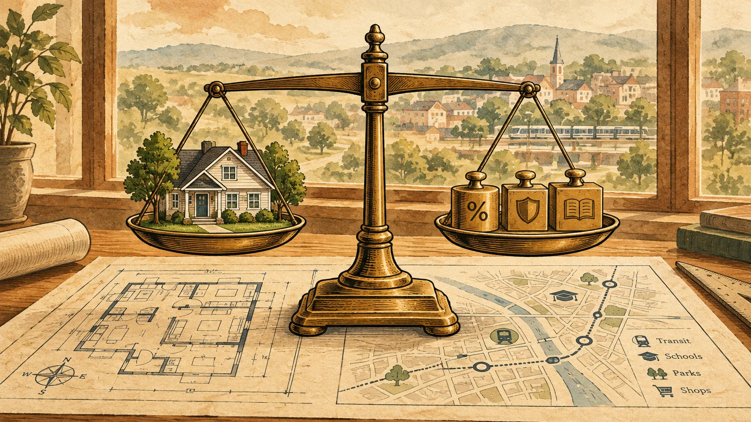 Brass balance scale weighing a miniature house against weighted blocks atop blueprints in front of a window.