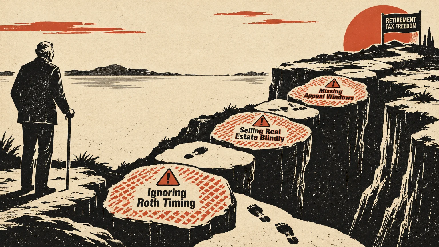 Illustration of an older man looking at stepping stones across a cliff edge toward a sign reading retirement tax freedom.